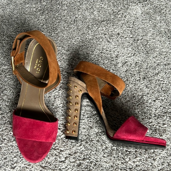 Gucci Two Tone Suede Madison Studded Heel Sandals - Picture 1 of 16